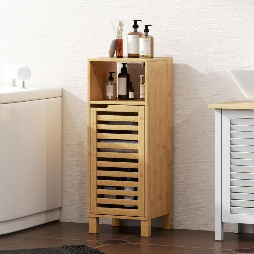 Mueble Auxiliar de Baño Estrecho con Puerta de Lamas Balda Abierto Estante Ajustable 30x30x80 cm Natural [3]