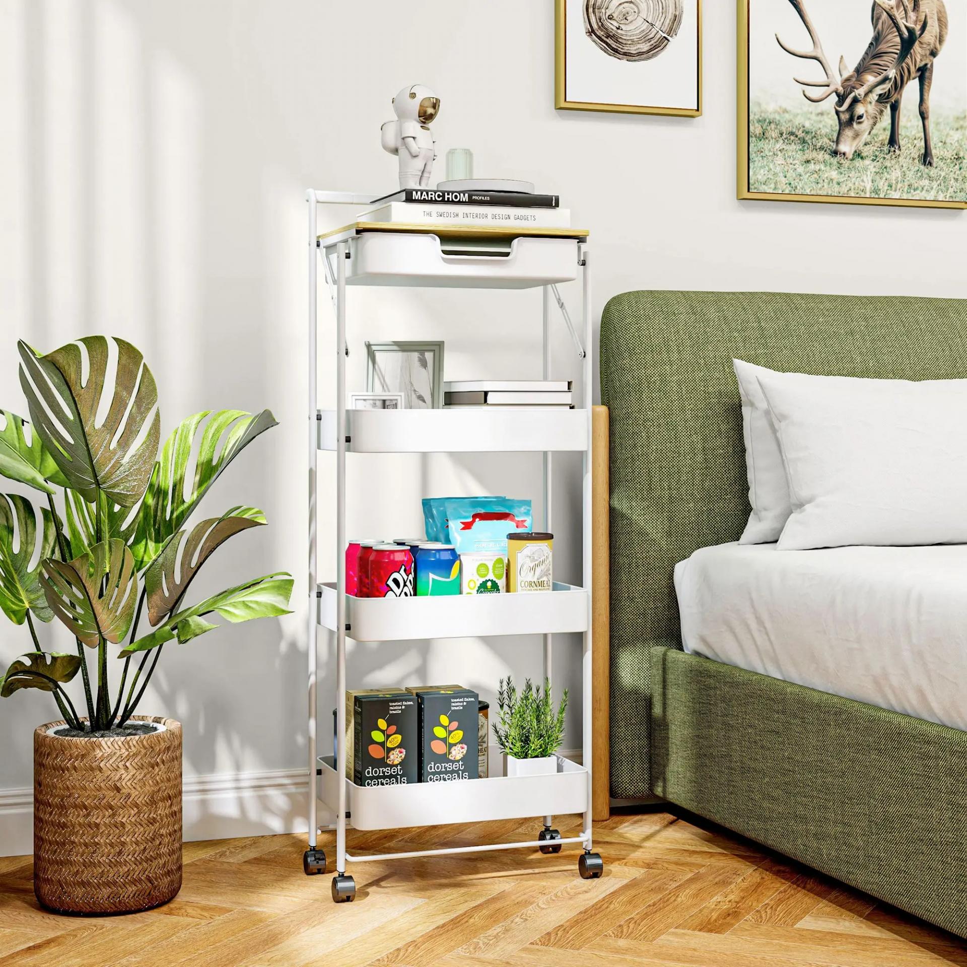 Carrito Auxiliar con Ruedas de 4 Niveles con Cajón Encimera y Cestas de Rejilla para Dormitorio Baño Cocina Blanco
