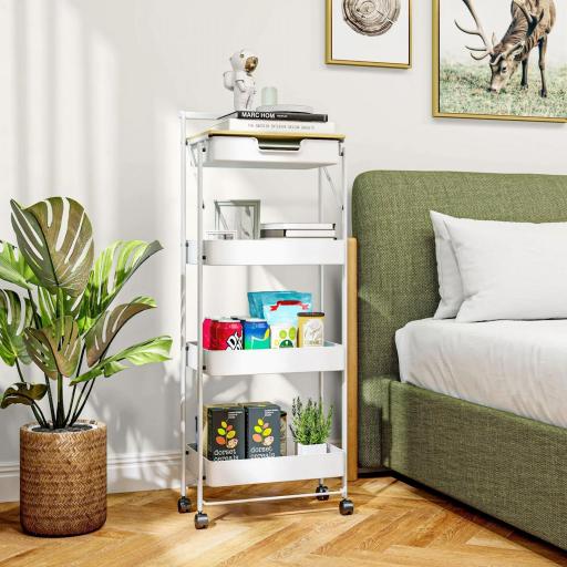 Carrito Auxiliar con Ruedas de 4 Niveles con Cajón Encimera y Cestas de Rejilla para Dormitorio Baño Cocina Blanco