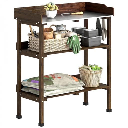 Mesa de Jardinería de Madera con Superficie Metálica Estantes y Ganchos para Jardín Terraza 76x37x89 cm Carbonizado [9]
