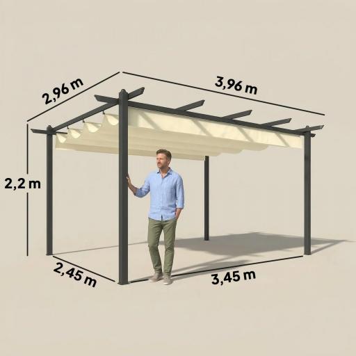 Pérgola de Jardín 4x3 m con Techo Retráctil Estructura de Aluminio UPF30+ Orificios de Drenaje Pabellón Exterior Crema [1]
