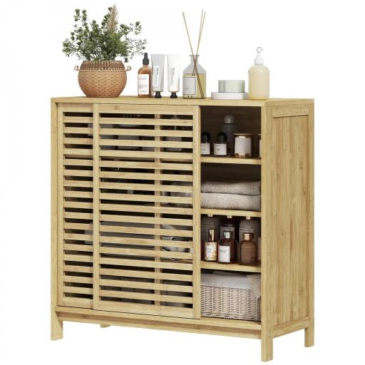 Armario de Baño de Bambú con 2 Puertas Correderas Diseño de Lamas 4 Estantes Mueble Auxiliar de Baño 80x34x80 cm Natural [8]