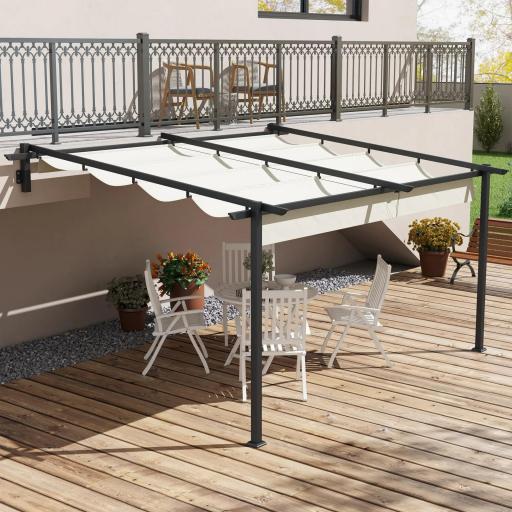 Pérgola 4x3 m Cenador de Jardín con Techo Retráctil de Poliéster y Marco de Acero Crema y Gris Oscuro
