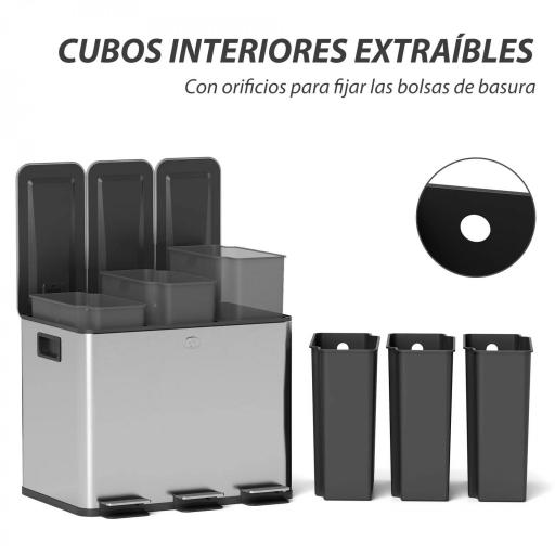 Papelera Cocina de Acero Inoxidable con 3 Compartimentos 3x10L con Pedales Tapas de Cierre Suave y Cubo Extraíble Plata [7]