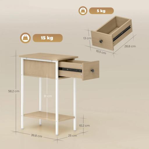 Mesa Auxiliar Estrecha con Cajón Estante Abierto y Estructura Metálica para Salón Dormitorio 25x39,8x58,2 cm Natural [1]