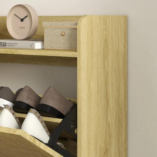 Mueble Zapatero Estilo Bohemio con 2 Cajones Abatibles y 1 Estante Abierto para 18 Pares de Zapatos 80x24,5x110 cm Roble [7]