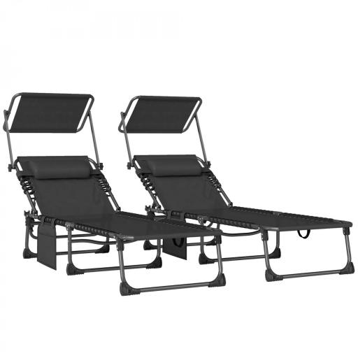 Set de 2 Tumbonas Plegables con Reposacabezas Parasol Bolsillo Lateral y Respaldo Reclinable en 5 Posiciones Negro [9]