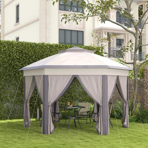 Carpa Plegable 4x3,4 m con Doble Techo 6 Mosquiteras Extraíbles y Bolsa de Transporte Anti-UV Marrón y Beige [2]