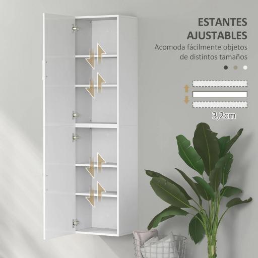 Columna de Baño de Pared con Estantes Ajustables y 2 Puertas Mueble de Baño Moderno 40x30x160 cm Blanco [7]