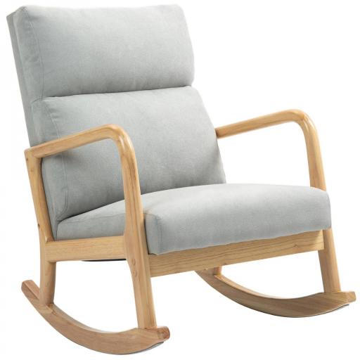 Mecedora Tapizada en Lino Silla Mecedora con Patas de Madera de Caucho y Reposabrazos Carga 150 kg Gris [9]