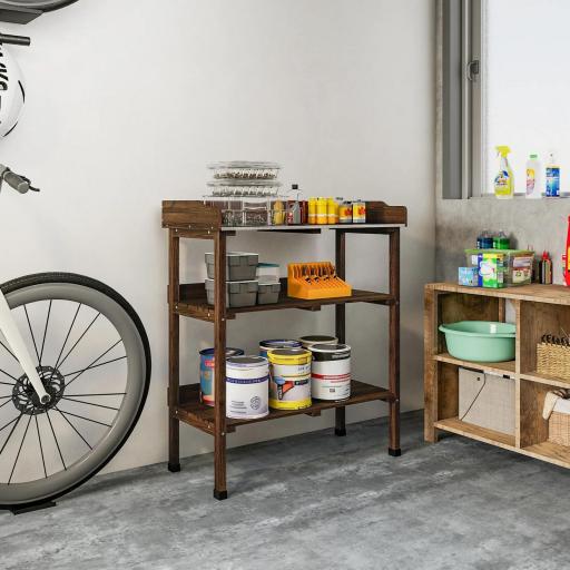 Mesa de Jardinería de Madera con Superficie Metálica Estantes y Ganchos para Jardín Terraza 76x37x89 cm Carbonizado [7]