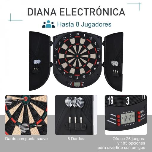 Diana Electrónica Digital Diana con 6 Dardos hasta 8 Jugadores Marcador Puertas Laterales Pantalla LCD y 26 Juegos 44x4,4x50 cm Negro [9]