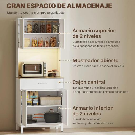Alacena de Cocina con Luces LED Estación de Carga 4 Puertas Cajón Encimera Abierta 71x40x180 cm Blanco [4]
