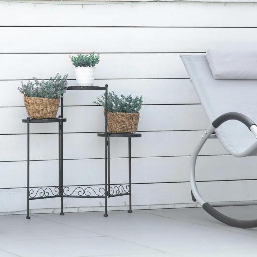 Soporte para Plantas de Metal Mecetas Plegable Estantería para Flores con 3 Estantes y Bordes de Azulejo para Decoración Interiores y Exteriores 60x22x65 cm Negro [7]