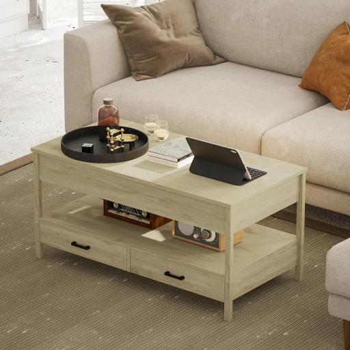 Mesa de Centro Elevable con Almacenamiento Compartimento Oculto Cajones y Estante Abierto 100x50x48-62 cm Roble [2]