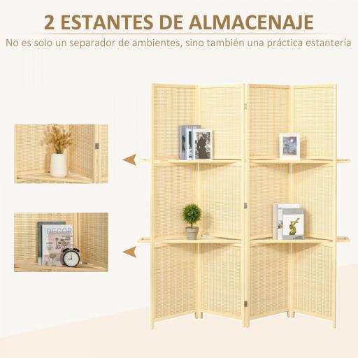 Biombo Separador de Ambientes Plegable de 4 Paneles con 2 Estantes Extraíbles para Dormitorio 180x180 cm Natural [2]