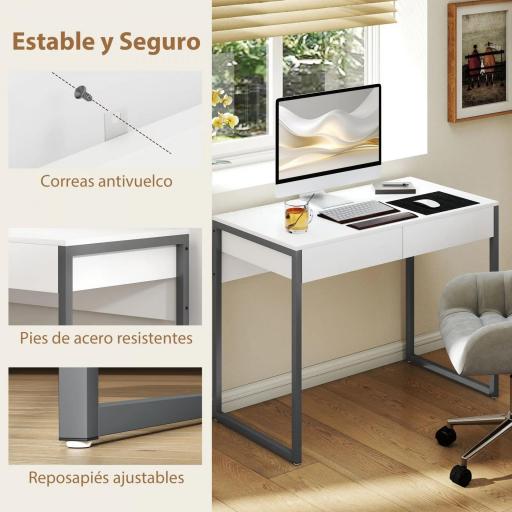 Escritorio con 2 Cajones 100x50x75 cm Mesa de Ordenador Patas de Acero para Casa Espacios Pequeños Blanco Brillante [5]