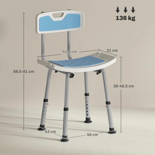 Silla Ducha Personas Mayores con Respaldo Altura Ajustable en 6 Posiciones Carga 136 kg para Ancianos y Discapacitados [6]