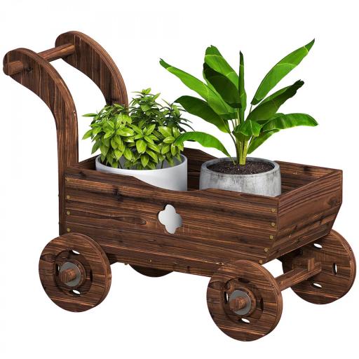 Carretilla de Madera Decorativa Jardinera Elevada con 4 Ruedas Asa Orificios de Drenaje 68x38x52 cm Carbonizado [8]