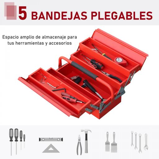 Caja de Herramientas Metálica, Maletín de Herramientas de Acero Plegable con 5 Bandejas y Asa, para Taller, Garaje, 45x20x34,5 cm, Rojo [8]