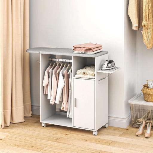 Mueble de Planchar con Ruedas Barra para Colgar Ropa Estante Abierto y Tablero Plegable 127x42,5x99 cm Blanco