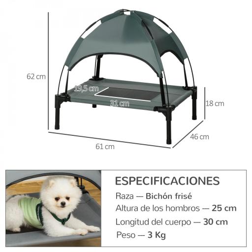 Cama Elevada para Mascotas con Toldo Extraíble Tela Transpirable al Aire Libre para Interior y Exterior 61x46x62 cm Gris [1]
