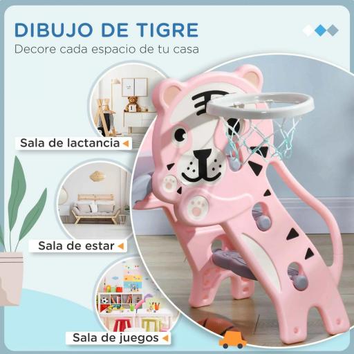 Tobogán para Niños de 18 a 36 Meses con 2 Escaleras 1 Canasta de Baloncesto y Patrón de Tigre 133x60x70 cm Rosa y Gris [2]