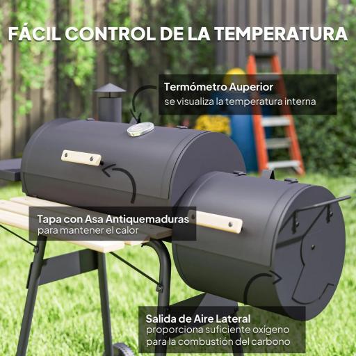Barbacoa de Carbón 3 en 1 Ahumador Parilla de Carbón Barbacoa de BBQ 124x53x104 cm con Termómetro y Ruedas Estantes [3]