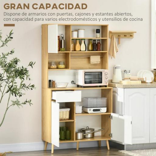 Alacena de Cocina Mueble Auxiliar de Cocina con 3 Puertas Cajón Estante Ajustable y Toallero 93x40x180 cm Natural [2]