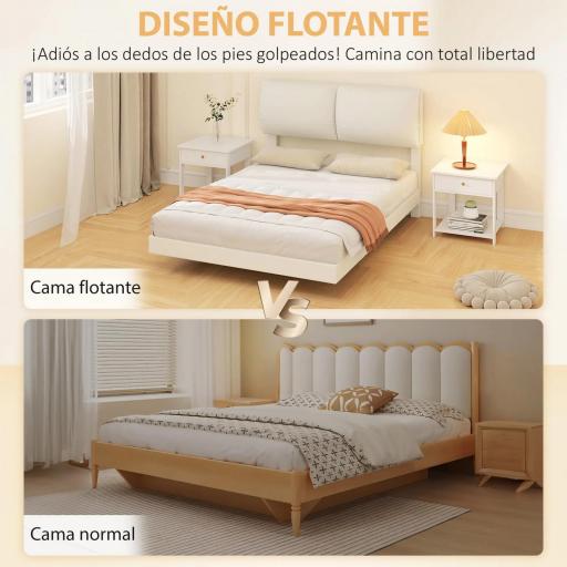 Cama Doble de 135x190 cm Somier con Cabecero Acolchado Efecto Flotante Estructura Metálica Beige [5]