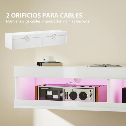 Mueble de TV Suspendido con Luces LED con Control Remoto Compartimentos Orificios Pasacables 140x40x30 cm Blanco Brillo [5]