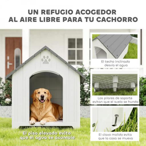 Caseta para Perros Exterior Casa para Perros Grandes de Plástico con 2 Ventanas Base Elevada Estacas Gris [2]