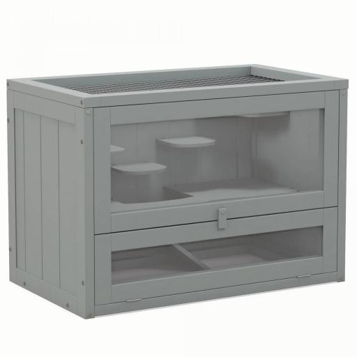 Jaula para Hámster de Madera de 2 Niveles Casa para Animales Pequeños con Plataformas Escaleras 60x35x42 cm Gris [8]
