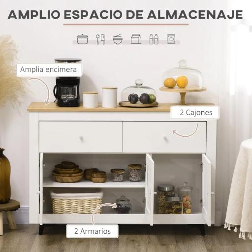 Aparador con 2 Cajones 3 Puertas Estante Ajustable Mueble Auxiliar de Cocina 117x35x80 cm Blanco [9]