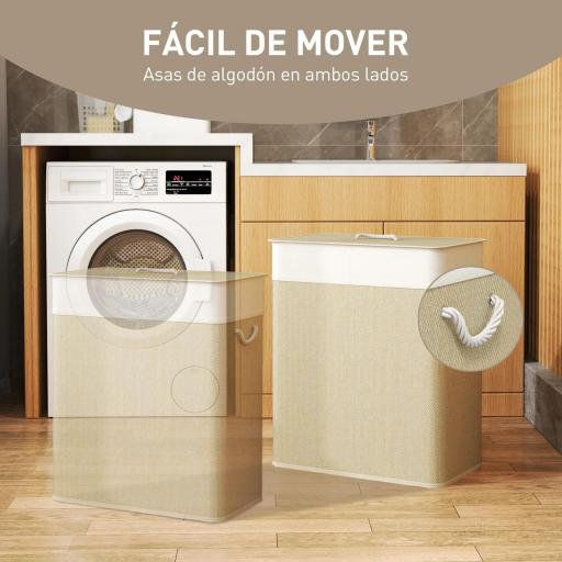 Cesto de Ropa Sucia de Bambú con 2 Compartimentos Asas para Facilitar el Uso y Bolsas Desmontables Lavables 52x32x63 cm [3]