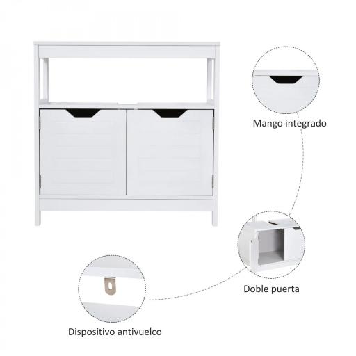 Armario para Debajo de Lavabo Gabinete de Baño con Estante 2 Puerta de Almacenamiento Dispositivo Antivuelco Resistente a la Humedad 60x30x60 cm Blanco [4]
