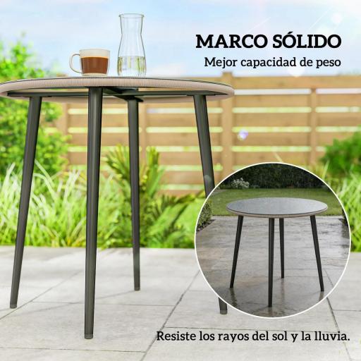 Mesa de Comedor de Jardín con Tablero de Vidrio Templado con Borde de Ratán Estructura de Acero 80x80x74 cm Gris [4]