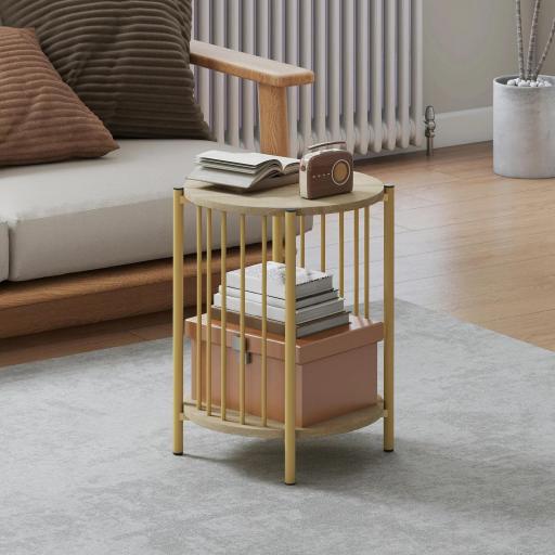 Mesa Auxiliar Redonda de 2 Niveles con Estante de Almacenaje y Marco de Acero para Salón Dormitorio Ø41x49 cm Natural