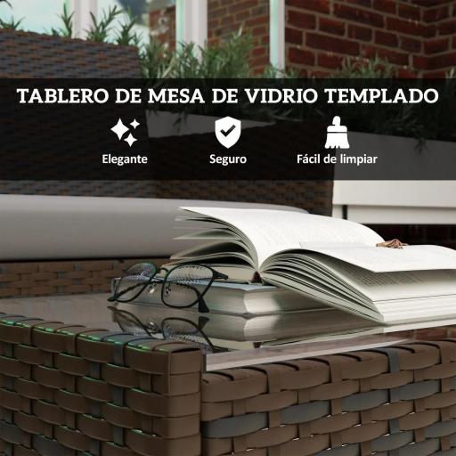 Conjunto Muebles Jardín de Ratán Sintético con Sofá Sillones y Mesa de Vidrio Templado y Cojines Marrón y Gris [4]