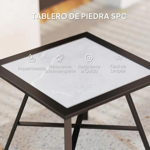 Mesa Auxiliar de Jardín con Encimera de Aspecto Piedra Gris y Estructura Negra 55x55x46 cm Mesita de Exterior Compacta [4]