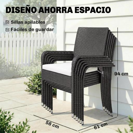 Conjunto de Mesa y Sillas Jardín de Ratán 7 Piezas con Mesa Extensible con Tablero Madera y 6 Sillas Apilables Cojines [6]