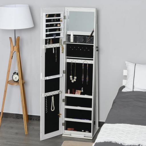 Espejo Joyero de Pie Armario Joyero con Luces LED y Cerradura Armario de Joyas con Espejo Integrada para Dormitorio Blanco con Veta de Madera