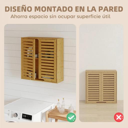 Armario de Baño de Pared de Bambú Mueble de Baño Colgante con Estante Ajustable Puertas de Lamas Natural [5]