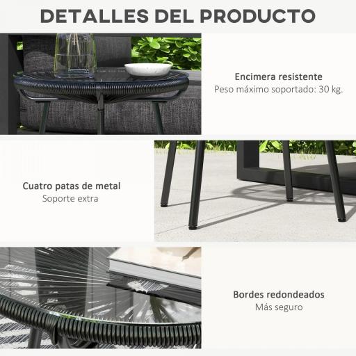 Mesa de Jardín de Ratán Sintético Redonda para Exteriores con Encimera de Vidrio Templado Ø50x50 cm Negro [6]