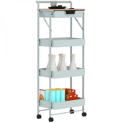 Carrito Auxiliar con Ruedas de 4 Niveles con Cajón Encimera y Cestas de Rejilla para Dormitorio Baño Cocina Verde Claro [9]