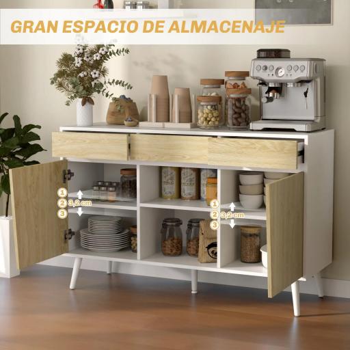 Aparador Moderno con Cajones Estantes Abiertos y Almacenaje Ajustable Para Sala o Comedor 120x39x77 cm Blanco y Natural [6]