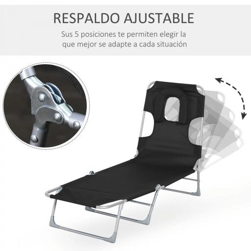 Tumbona Reclinable y Plegable de Jardín con Orificio de Lectura Reposacabezas y Respaldo Ajustable en 5 Niveles para Playa 182x56x28 cm Negro [4]