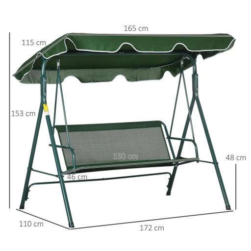 Columpio Balancín de Jardín de 3 Plazas con Cojín Techo Ajustable y Marco de Acero 172x110x153 cm Rayas Verde y Blanco [5]