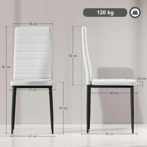 Pack de 6 Sillas de Comedor Modernas Tapizadas en Lino Sintético con Respaldo Alto y Patas de Metal 41x50x97 cm Blanco [1]