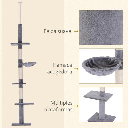 Árbol para Gatos de Suelo al Techo de 230-260 cm con Altura Ajustable Plataformas Hamaca y Postes de Sisal Gris [3]
